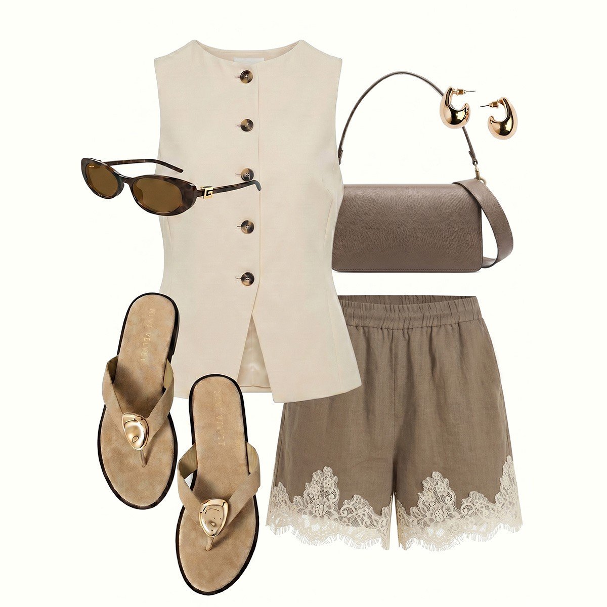 Outfit flat-lay of taupe washed-cotton pull-on shorts with a white eyelash-lace hem.