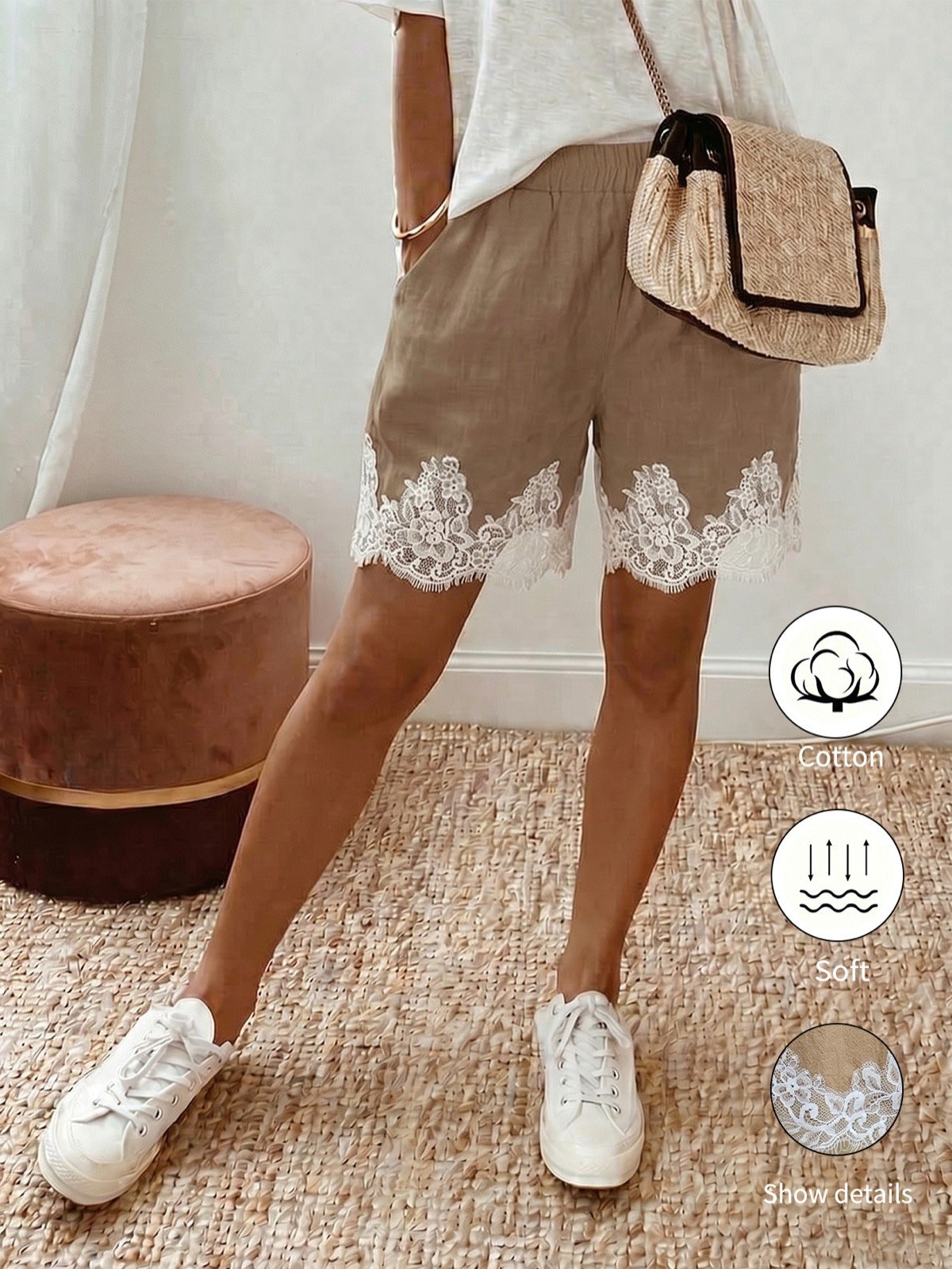 Shorts front view of taupe washed-cotton pull-on shorts with a white eyelash-lace hem.