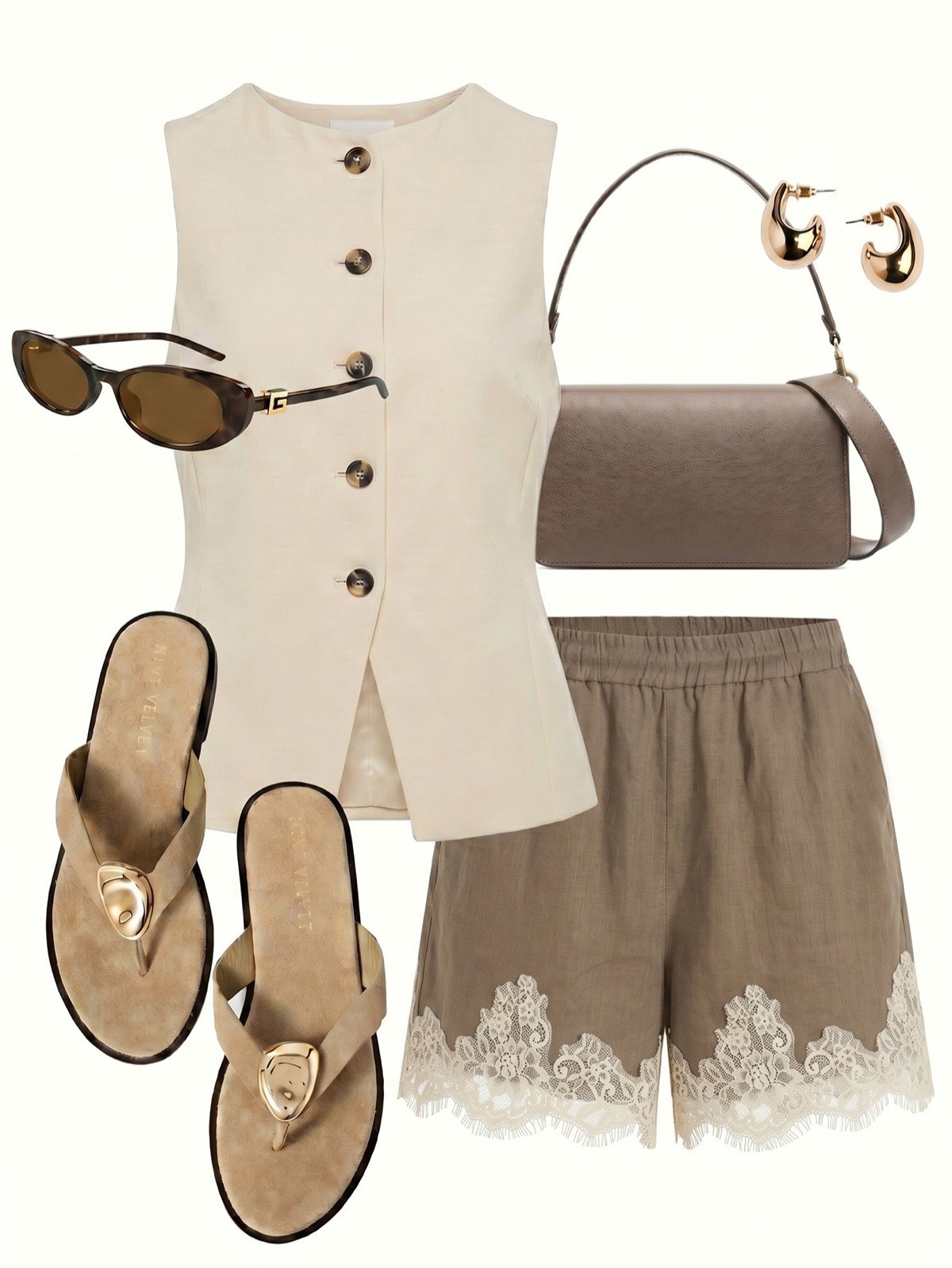 Styled outfit flat-lay of taupe washed-cotton pull-on shorts with a white eyelash-lace hem.