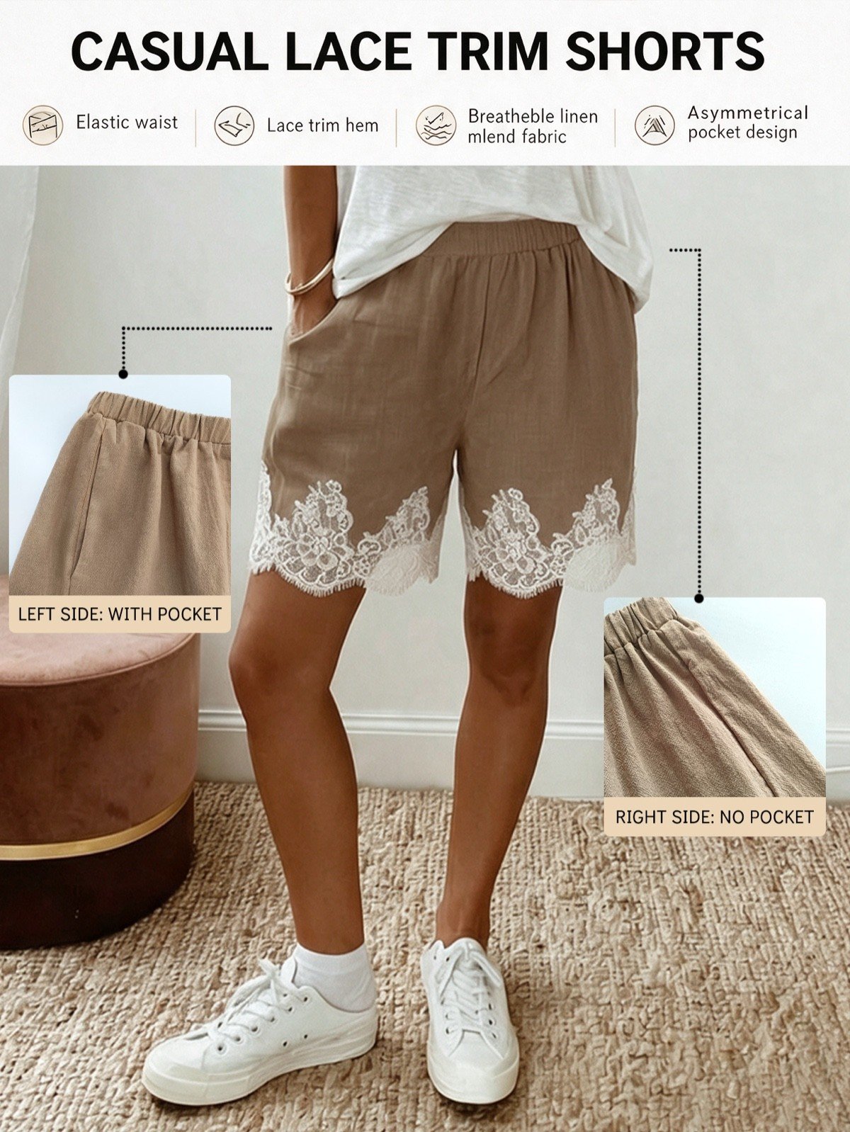 Waist and lace hem construction of taupe washed-cotton pull-on shorts with a white eyelash-lace hem.
