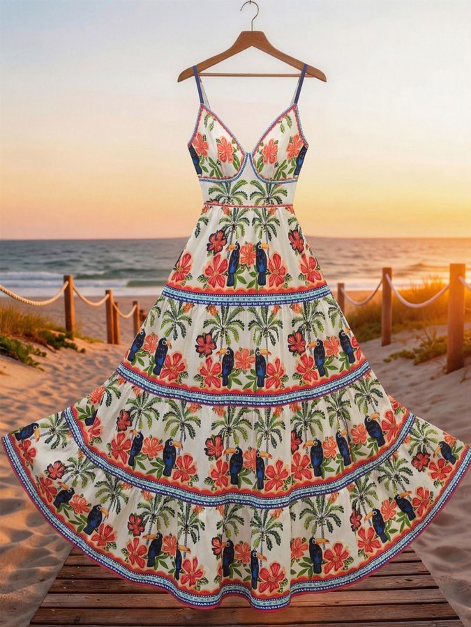 Hanger product display of a tropical print tiered maxi sundress with slim straps and a tie back.