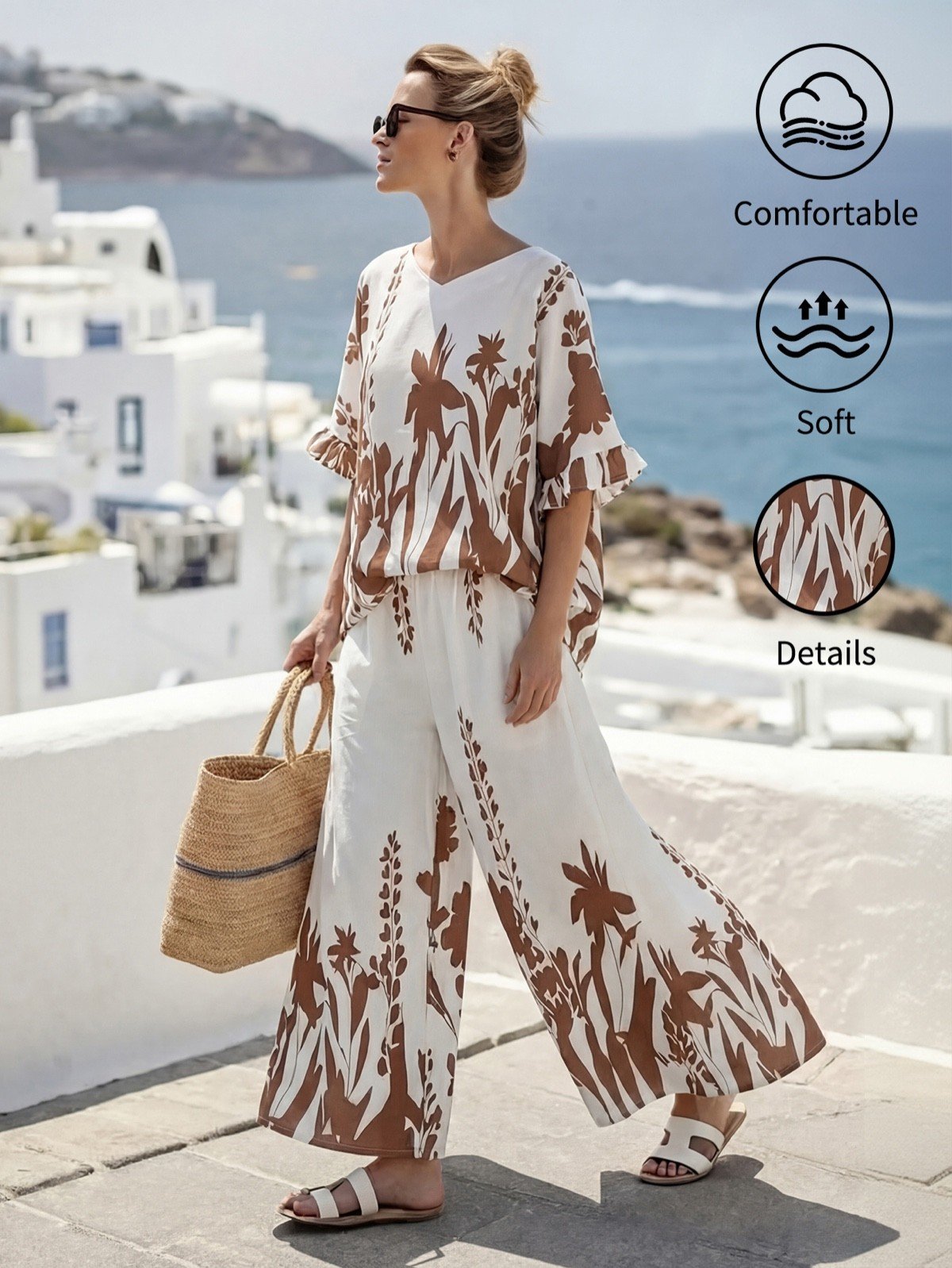 Fabric and fit details of a tropical print short-sleeve top and wide-leg pants set.
