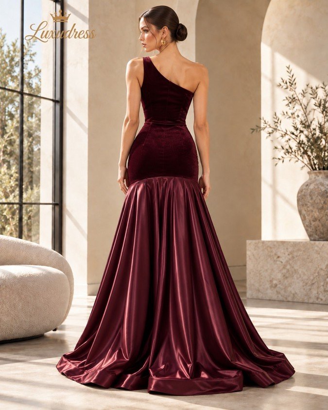 Back view of a burgundy one shoulder evening gown with a fitted velvet-look upper section and sweeping satin-look skirt.