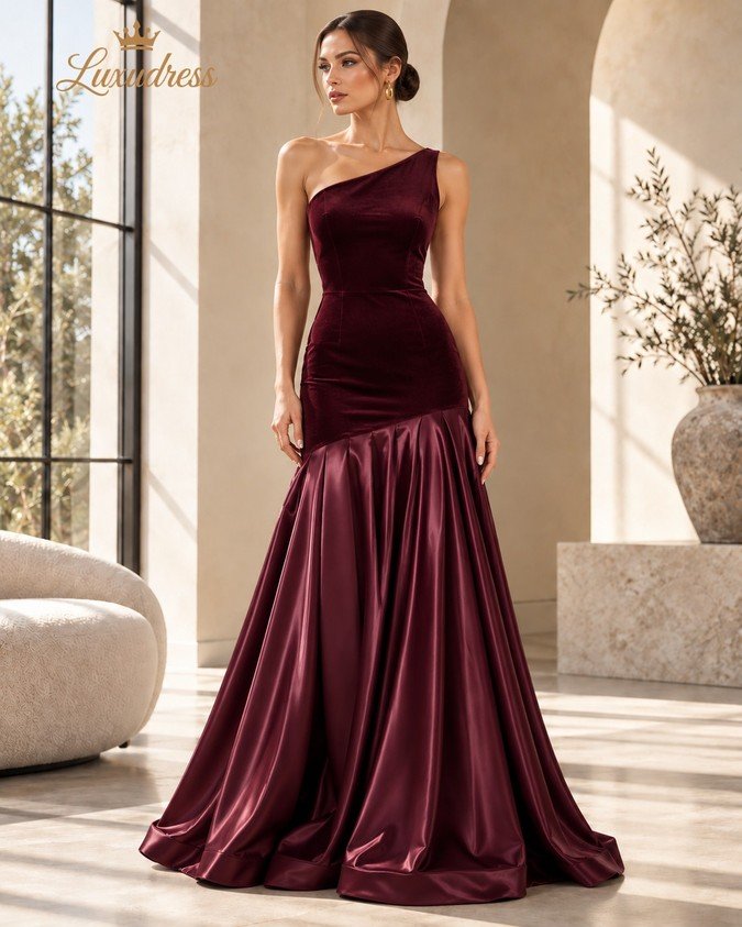 Front view of a burgundy one shoulder evening gown with a fitted velvet-look bodice and full satin-look floor-length skirt.