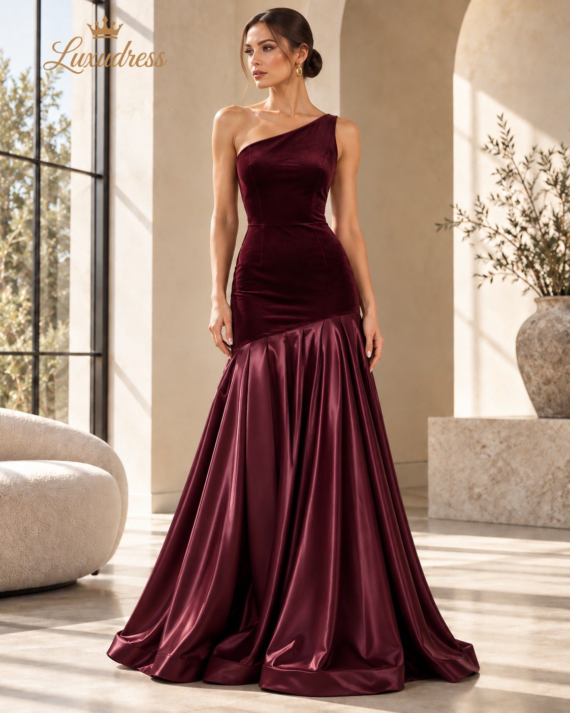 Burgundy One Shoulder Velvet Satin Evening Gown Front View Front view of a burgundy one shoulder evening gown with a fitted velvet-look bodice and full satin-look floor-length skirt.