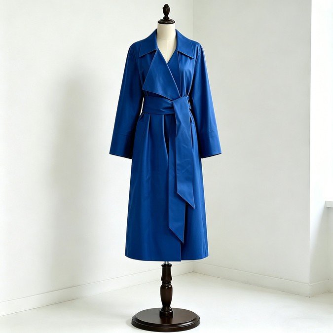 Navy blue PU leather belted trench coat for women with wrap front and wide lapels