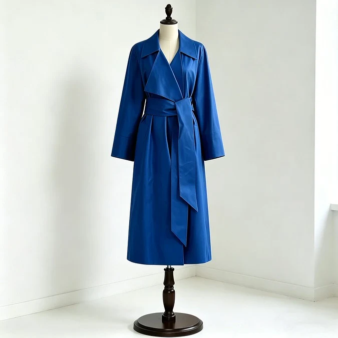 Navy blue PU leather belted trench coat for women with wrap front and wide lapels