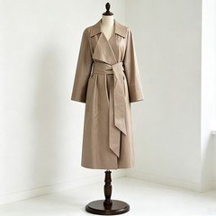 Taupe brown PU leather belted trench coat for women displayed on a dress form