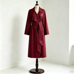 Burgundy PU leather belted trench coat for women with wrap front and long sleeves