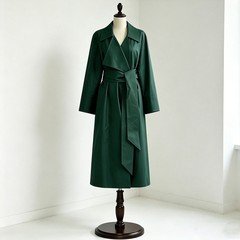 Dark green PU leather belted trench coat for women in a longline silhouette