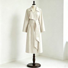 Ivory white PU leather belted trench coat for women with adjustable waist tie