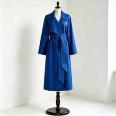 Navy blue PU leather belted trench coat for women with wrap front and wide lapels
