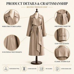 PU leather trench coat details showing wide lapels waist tie welt pockets cuff tabs and storm flap