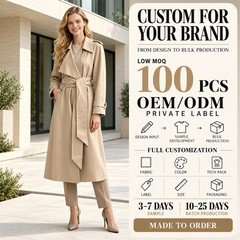 Wholesale OEM PU leather trench coat for women with waist belt and private label customization