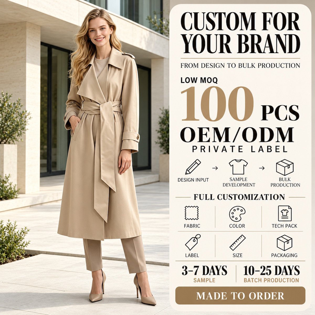 Wholesale OEM PU Leather Trench Coat Wholesale OEM PU leather trench coat for women with waist belt and private label customization
