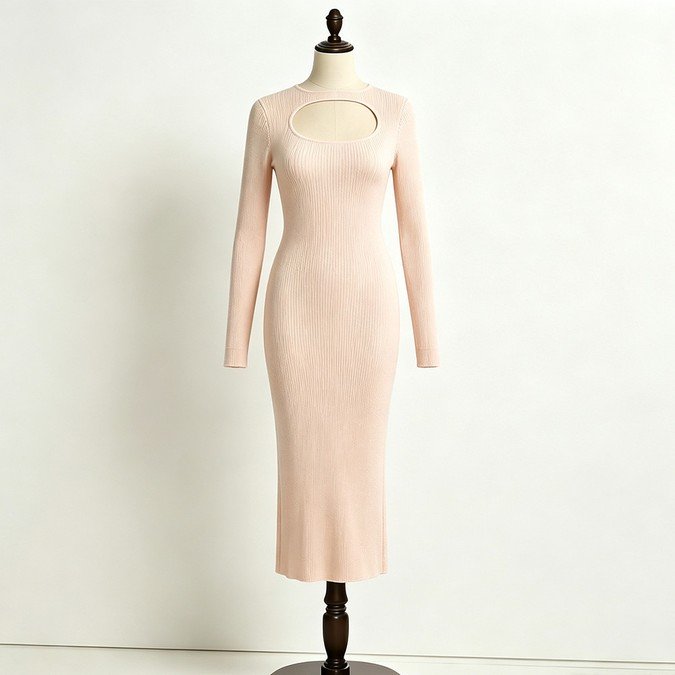 Pink ribbed knit cutout midi dress with long sleeves and fitted silhouette
