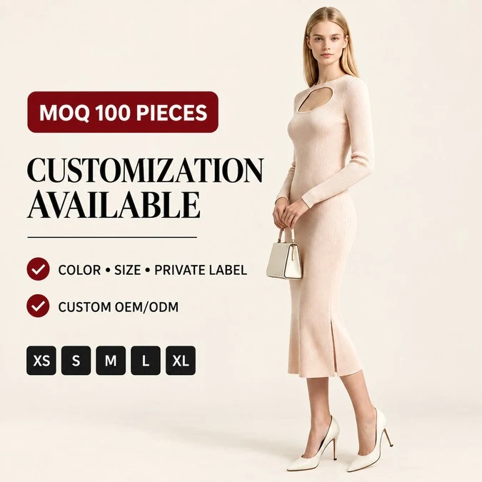 Wholesale ribbed knit midi dress with oval cutout and custom OEM options