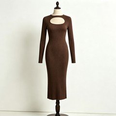 Brown ribbed knit cutout midi dress with fitted mid-calf silhouette