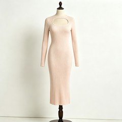 Pink ribbed knit cutout midi dress with long sleeves and fitted silhouette
