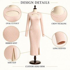Ribbed knit midi dress details showing oval cutout crew neckline long sleeves and side slit