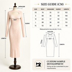 Size guide for ribbed knit midi dress with bust shoulder sleeve and length measurements