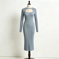 Sky blue ribbed knit cutout midi dress for custom wholesale orders