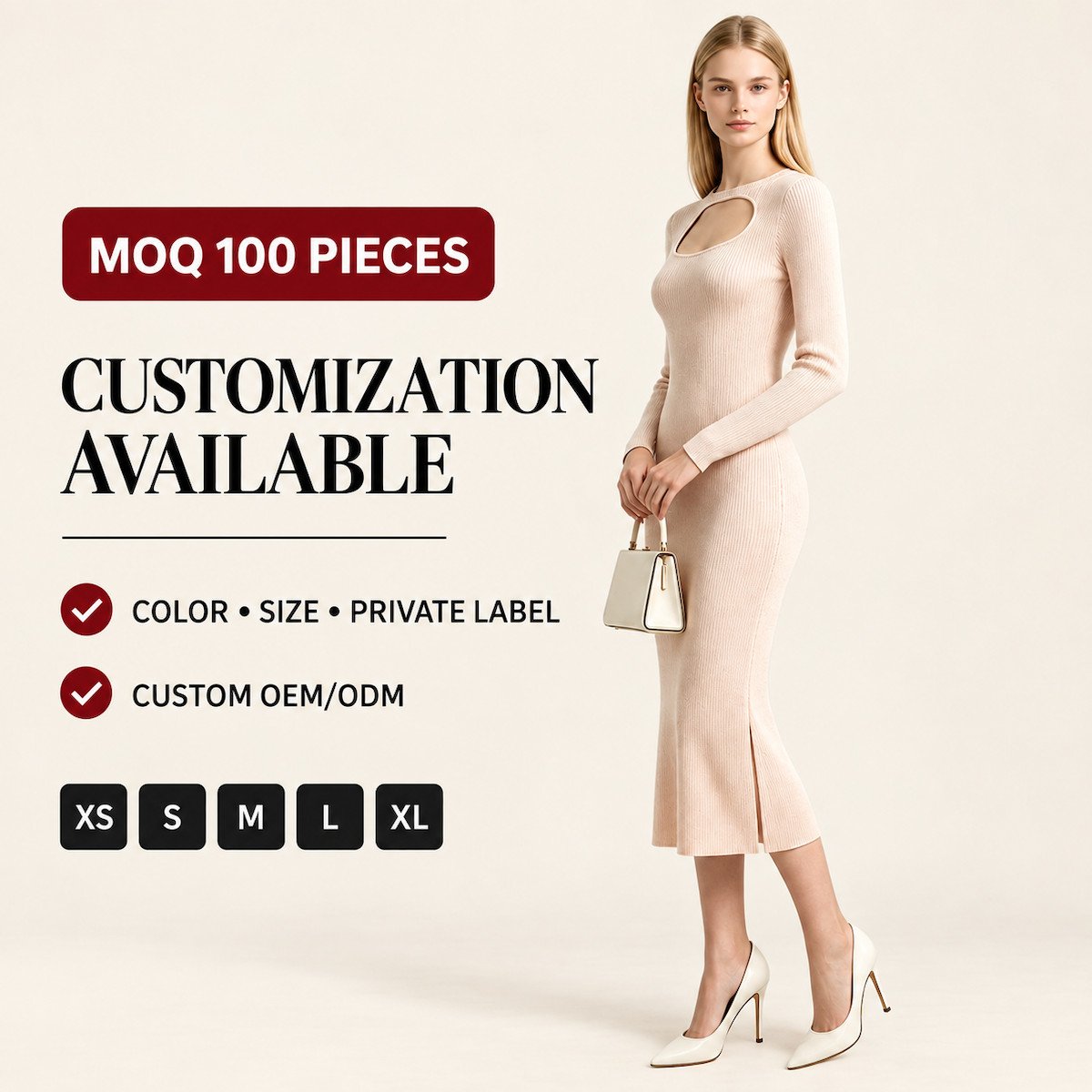 Custom OEM Wholesale Ribbed Knit Midi Dress Wholesale ribbed knit midi dress with oval cutout and custom OEM options