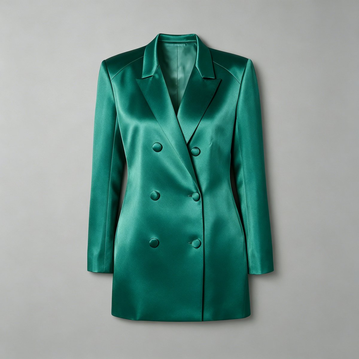 An emerald green satin double-breasted longline blazer