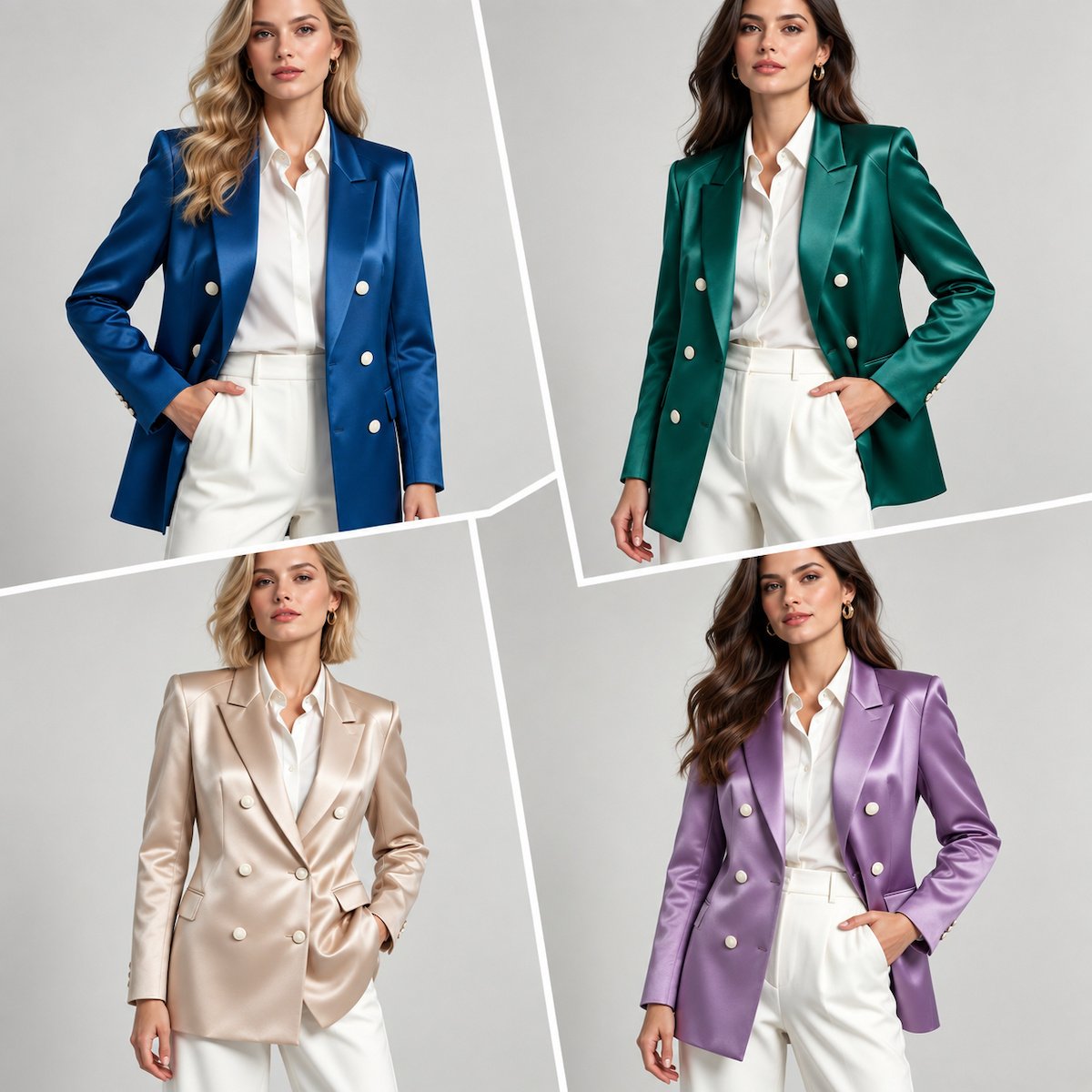 A satin double-breasted blazer shown across its colour options