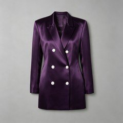 Deep purple wholesale satin double breasted blazer with contrasting covered buttons