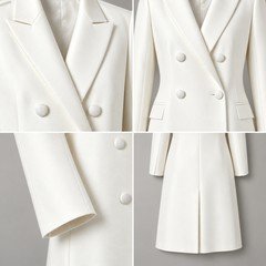 White satin double breasted blazer showing notched lapels covered buttons sleeves and back vent