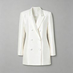 White wholesale satin double breasted blazer with a tailored longline silhouette