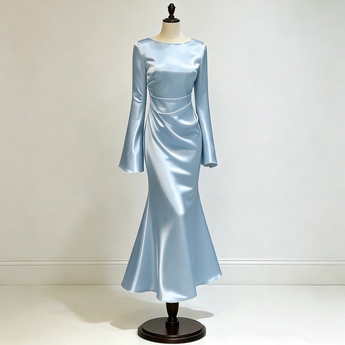 The same satin mermaid maxi dress photographed in dusty blue on a dress form