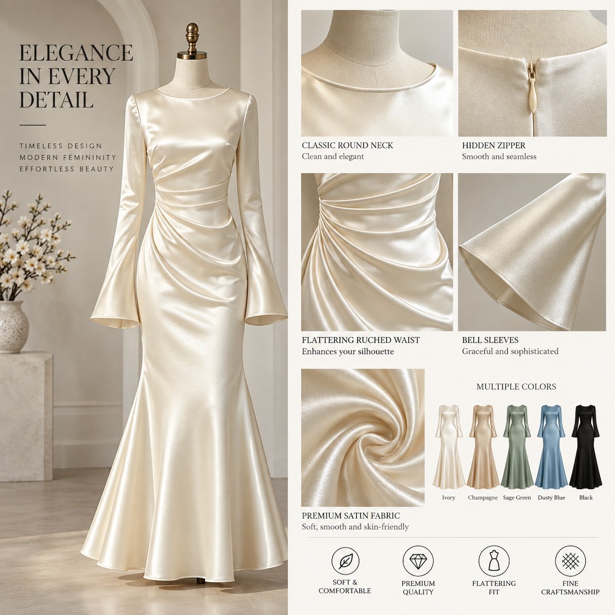 Ivory ruched satin mermaid maxi dress showing the round neck, hidden zipper, bell sleeves and satin fabric details