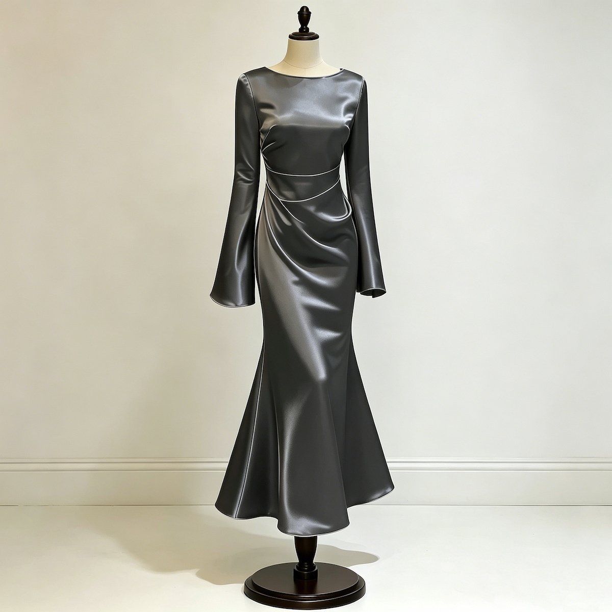 Black satin mermaid maxi dress with long bell sleeves, waist ruching and a flared hem