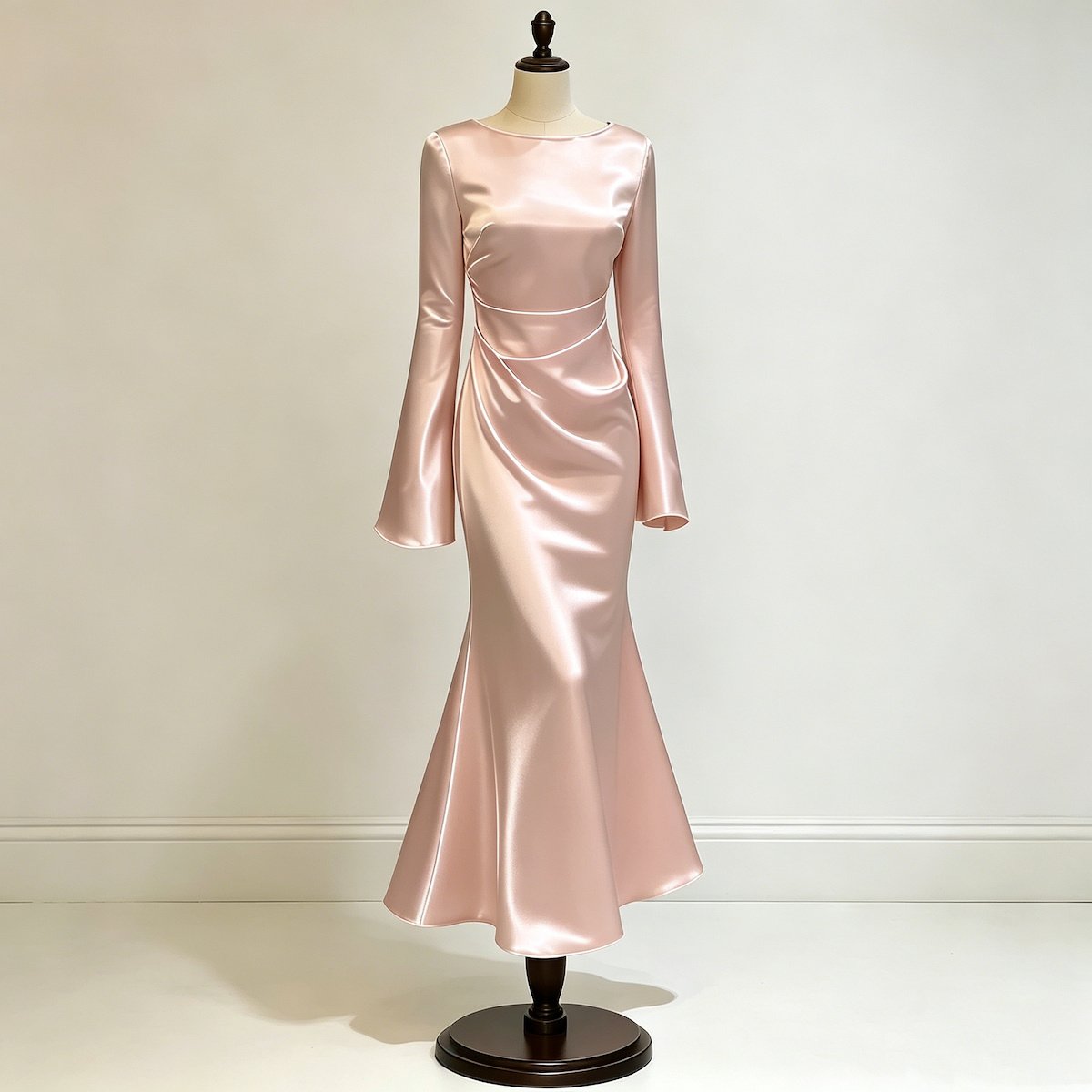 Blush pink satin mermaid maxi dress featuring long bell sleeves and asymmetric waist ruching