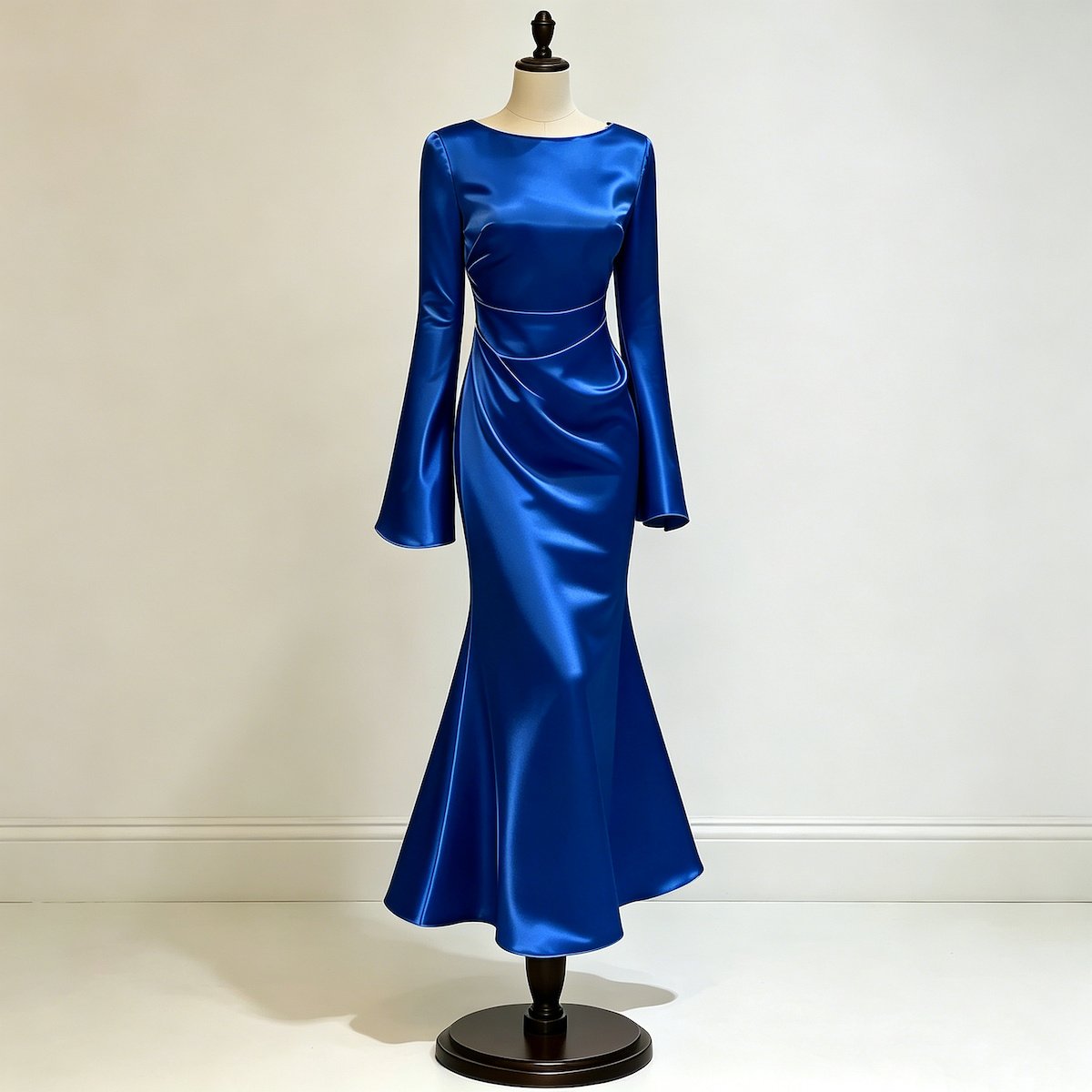 Royal blue satin mermaid maxi dress with a fitted silhouette, bell sleeves and ruched waist
