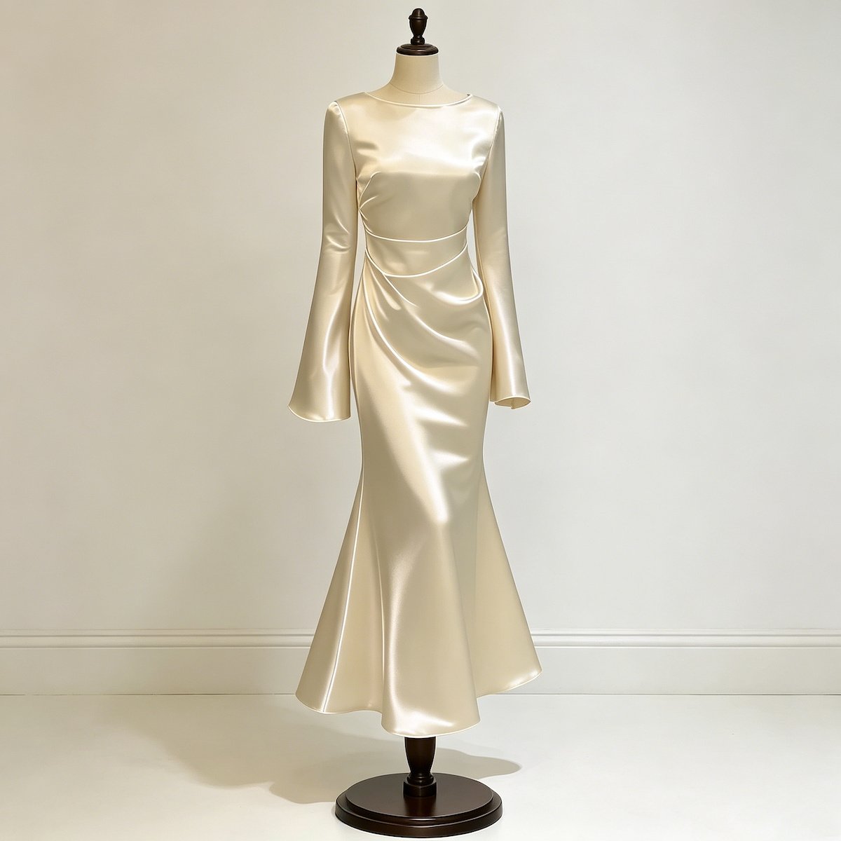 Wholesale satin mermaid maxi dress in ivory with long bell sleeves and a ruched waist on a mannequin