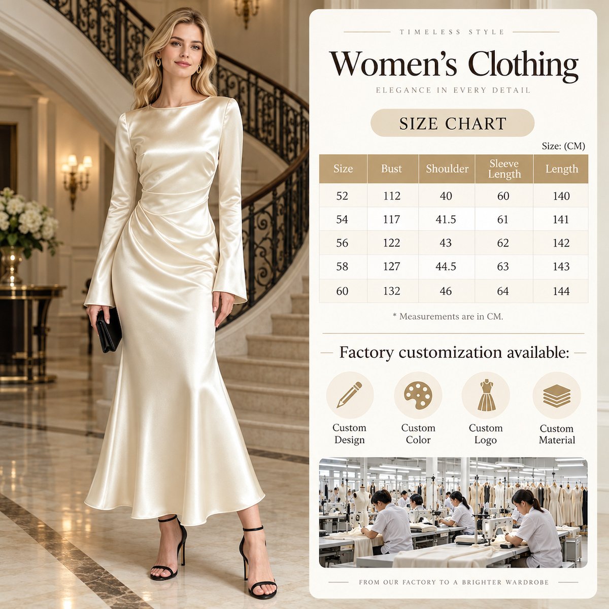 Wholesale satin mermaid maxi dress in ivory with size chart and factory customization options