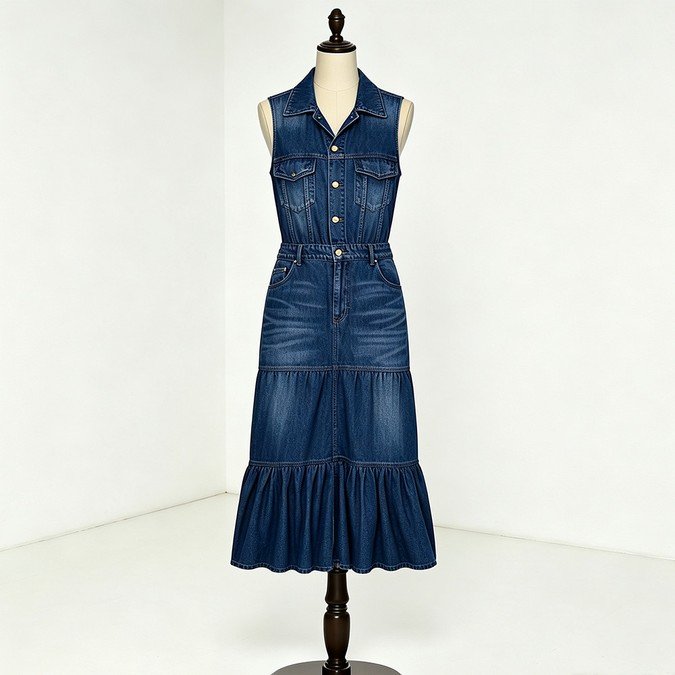 Dark indigo wholesale tiered denim maxi dress with button front chest pockets and ruffle hem