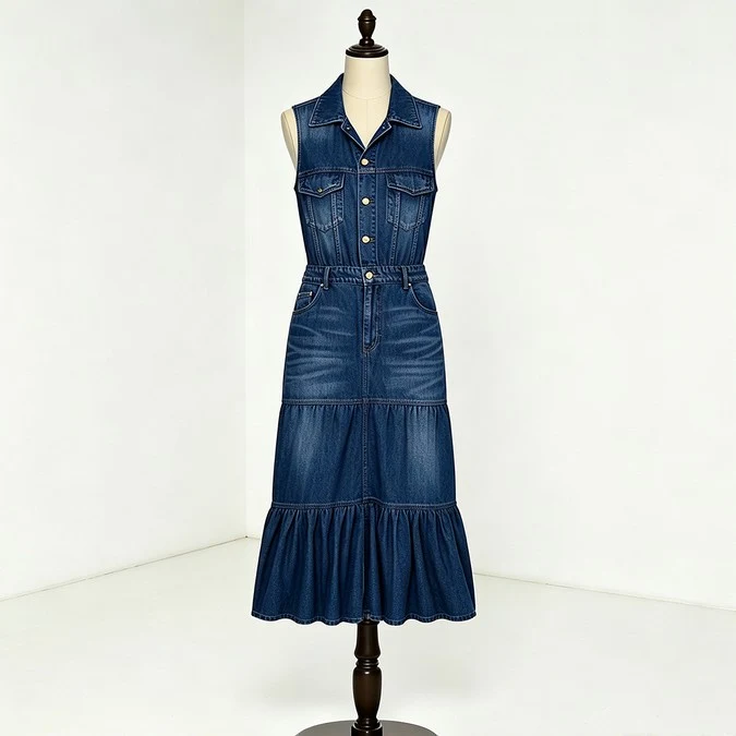 Dark indigo wholesale tiered denim maxi dress with button front chest pockets and ruffle hem