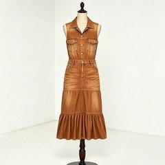 Brown tiered denim maxi dress with gold buttons flap chest pockets and gathered hem