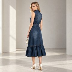 Dark indigo tiered denim maxi dress shown from the back with a fitted waist and gathered ruffle hem
