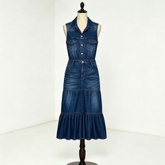 Dark indigo wholesale tiered denim maxi dress with button front chest pockets and ruffle hem