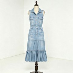 Light blue tiered denim maxi dress with button front styling and a tiered ruffle skirt