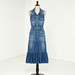 Medium blue tiered denim maxi dress with a sleeveless shirt collar and adjustable waist