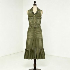 Olive green tiered denim maxi dress with an adjustable waist and full ruffle hem