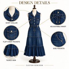 Tiered denim maxi dress details including shirt collar flap pockets adjustable waist and ruffle hem
