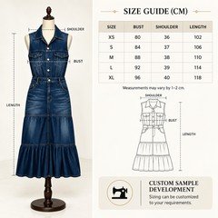 Wholesale tiered denim maxi dress size guide and measurement diagram for sizes XS to XL