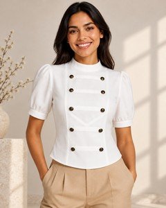 Wholesale women double breasted short sleeve jacket gold button detail